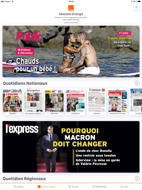 Page d'accueil, kiosque ePresse Orange, 24/08/18