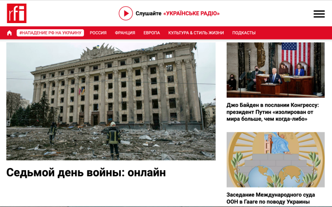 Page d'accueil du site de RFI en russe