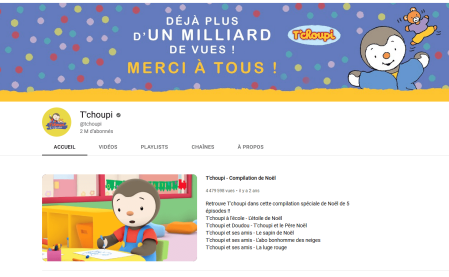 Page d'accueil de la chaîne YouTube T'choupi.